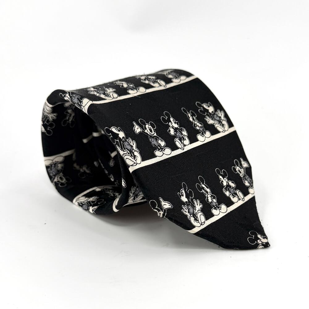 Vintage 90s Mickey Unlimited Black 100% Silk Mickey Mouse Traditional Necktie